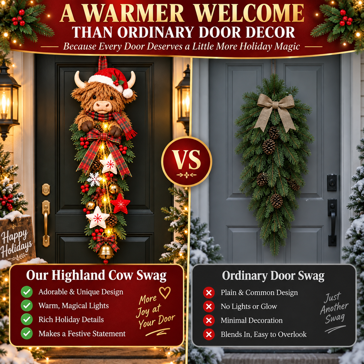 🔥Last Day 49% OFF🔥 Lighted Highland Cow Christmas Door Swag – A Cozy Holiday Welcome