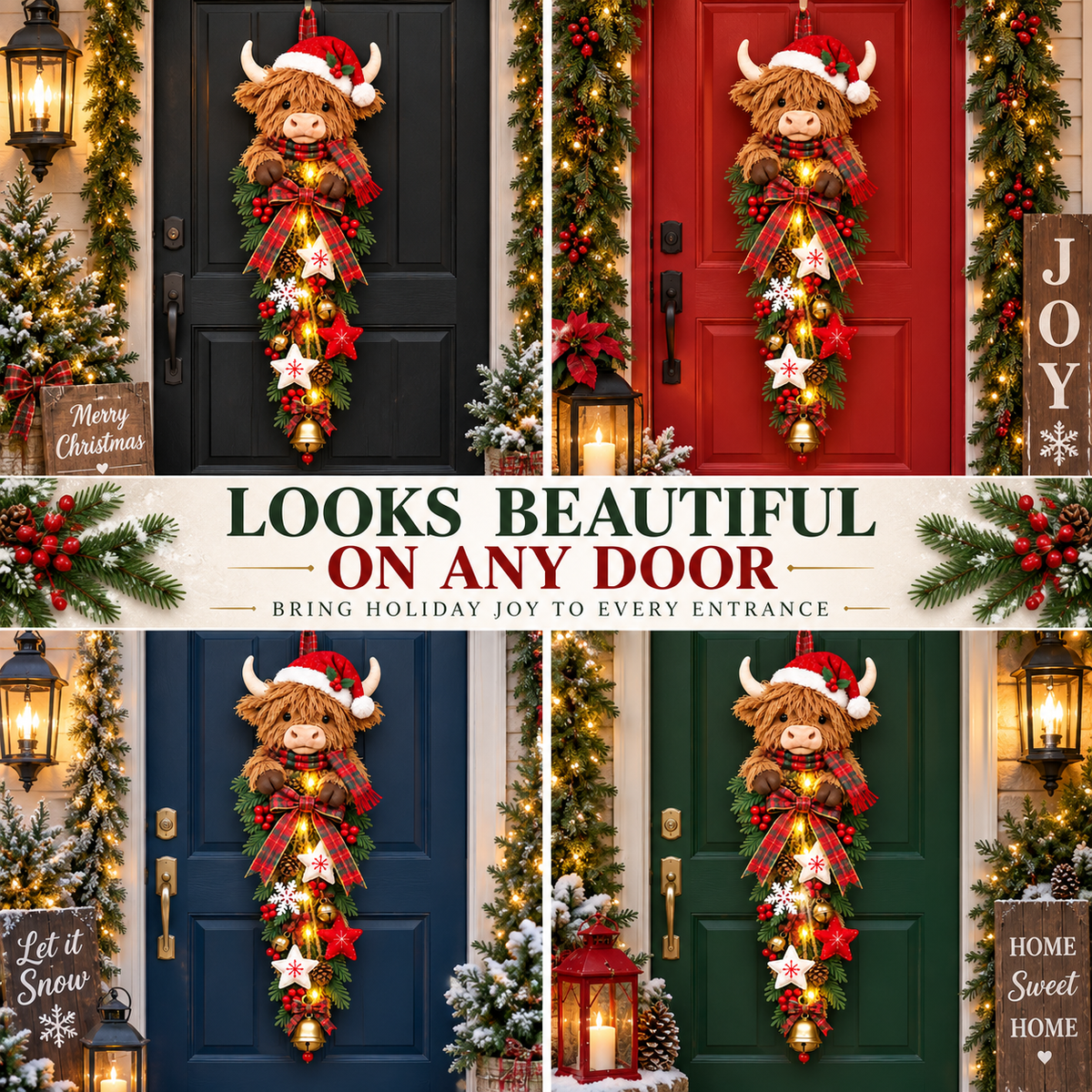🔥Last Day 49% OFF🔥 Lighted Highland Cow Christmas Door Swag – A Cozy Holiday Welcome