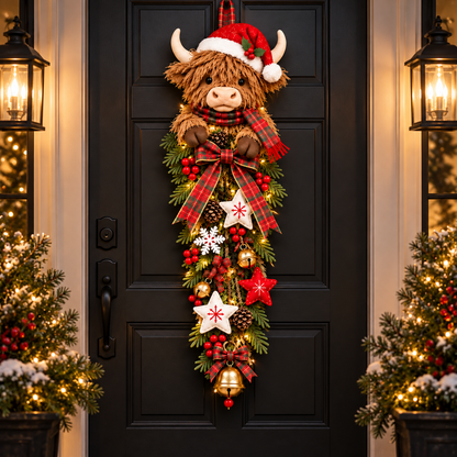 🔥Last Day 49% OFF🔥 Lighted Highland Cow Christmas Door Swag – A Cozy Holiday Welcome