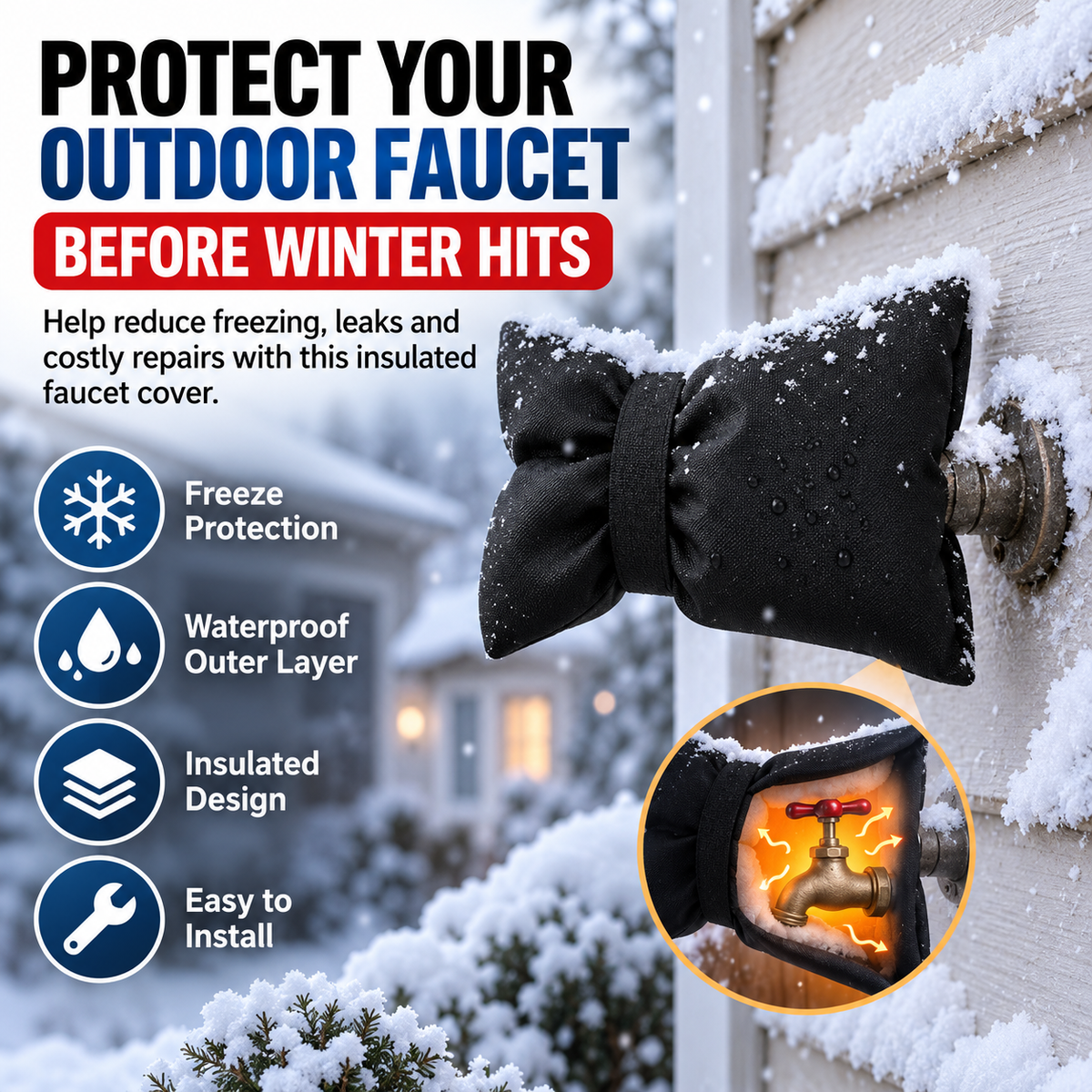 ❄️ Outdoor Faucet Cover | Winter Freeze Protection Insulated Spigot Protector🍀