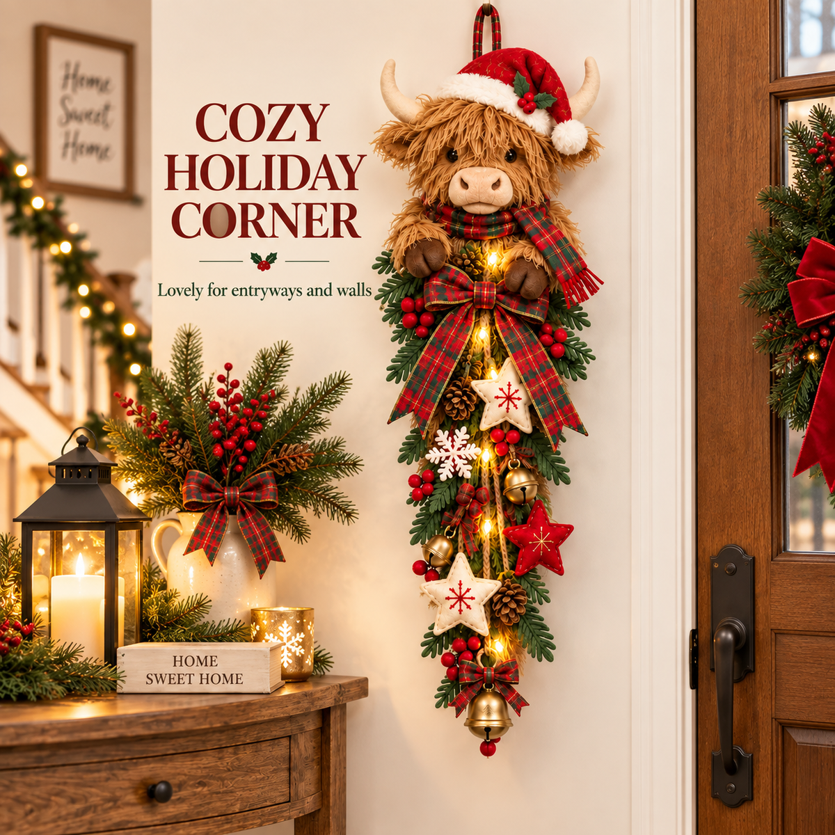 🔥Last Day 49% OFF🔥 Lighted Highland Cow Christmas Door Swag – A Cozy Holiday Welcome