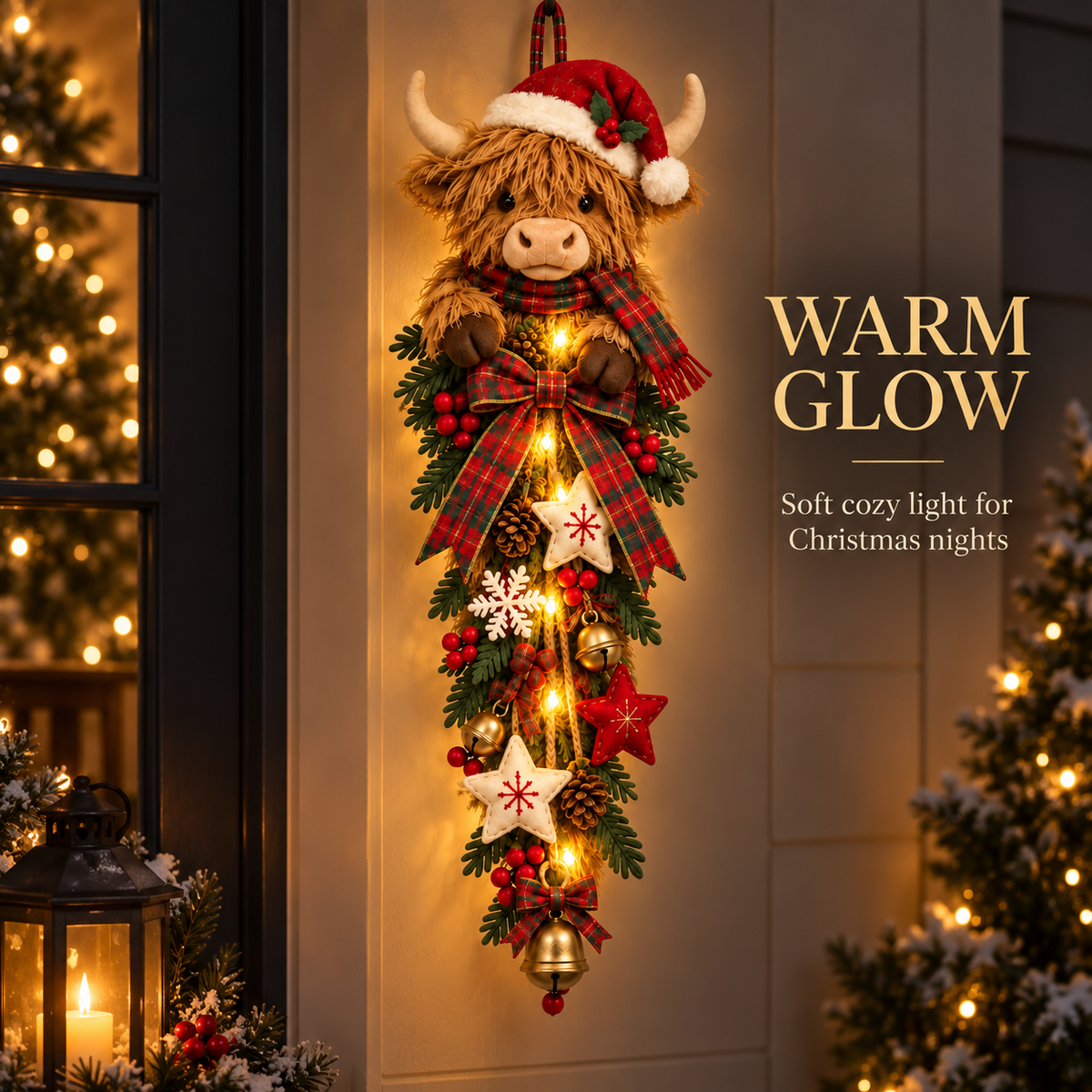 🔥Last Day 49% OFF🔥 Lighted Highland Cow Christmas Door Swag – A Cozy Holiday Welcome