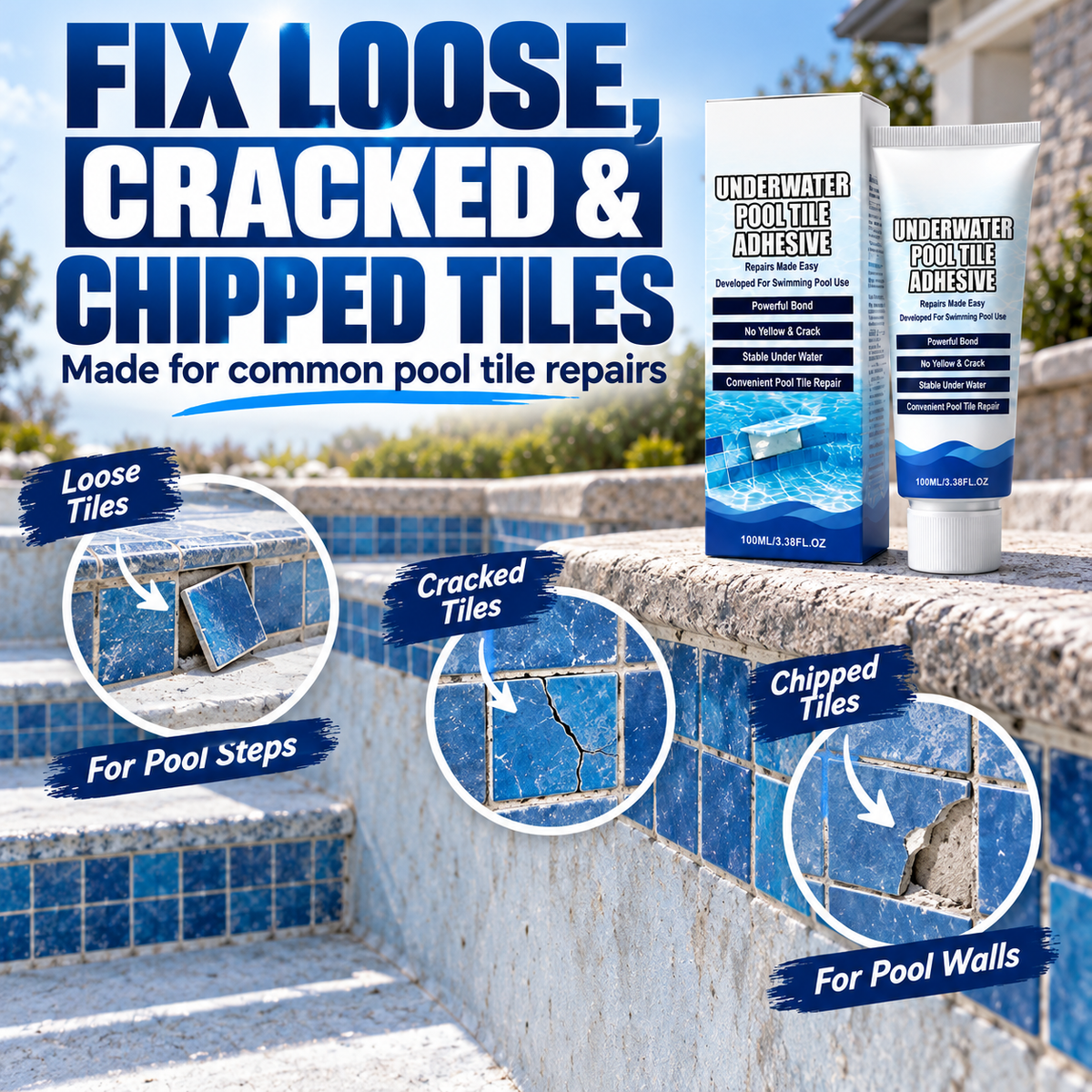 🔧 Pool Tile Repair Adhesive-Fix Loose & Cracked Tiles🍀