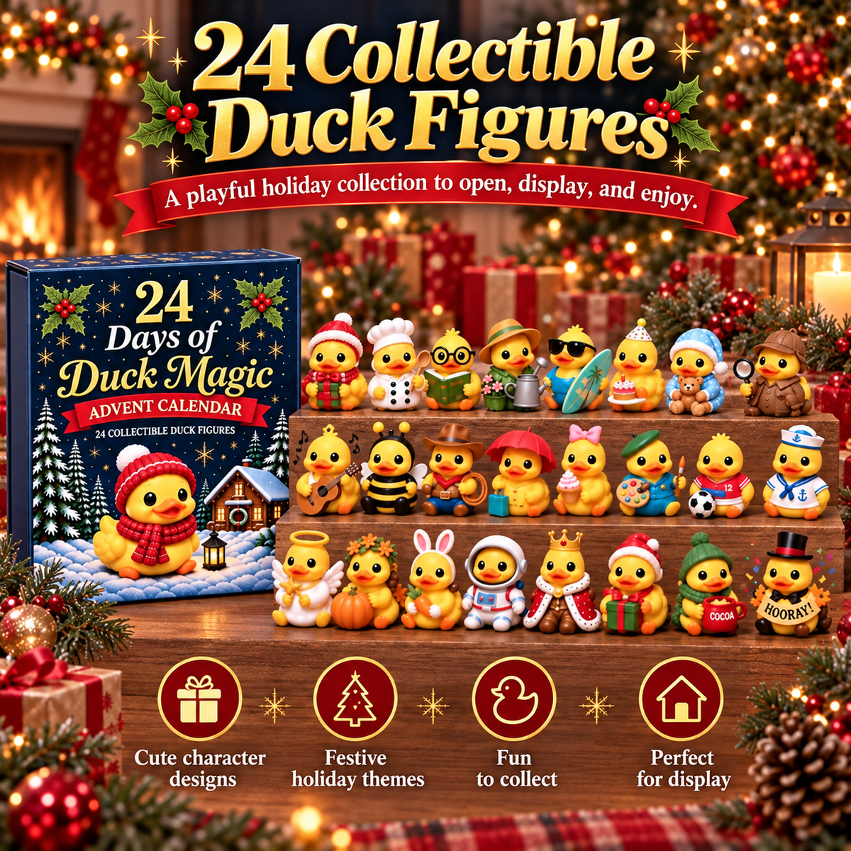 All 24 collectible duck characters displayed together for Christmas