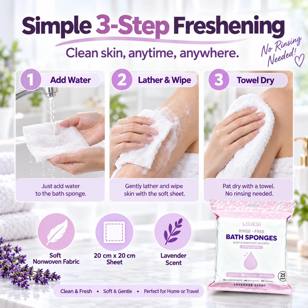 Three steps to use rinse-free bath sponges: add water, lather and wipe, then towel dry