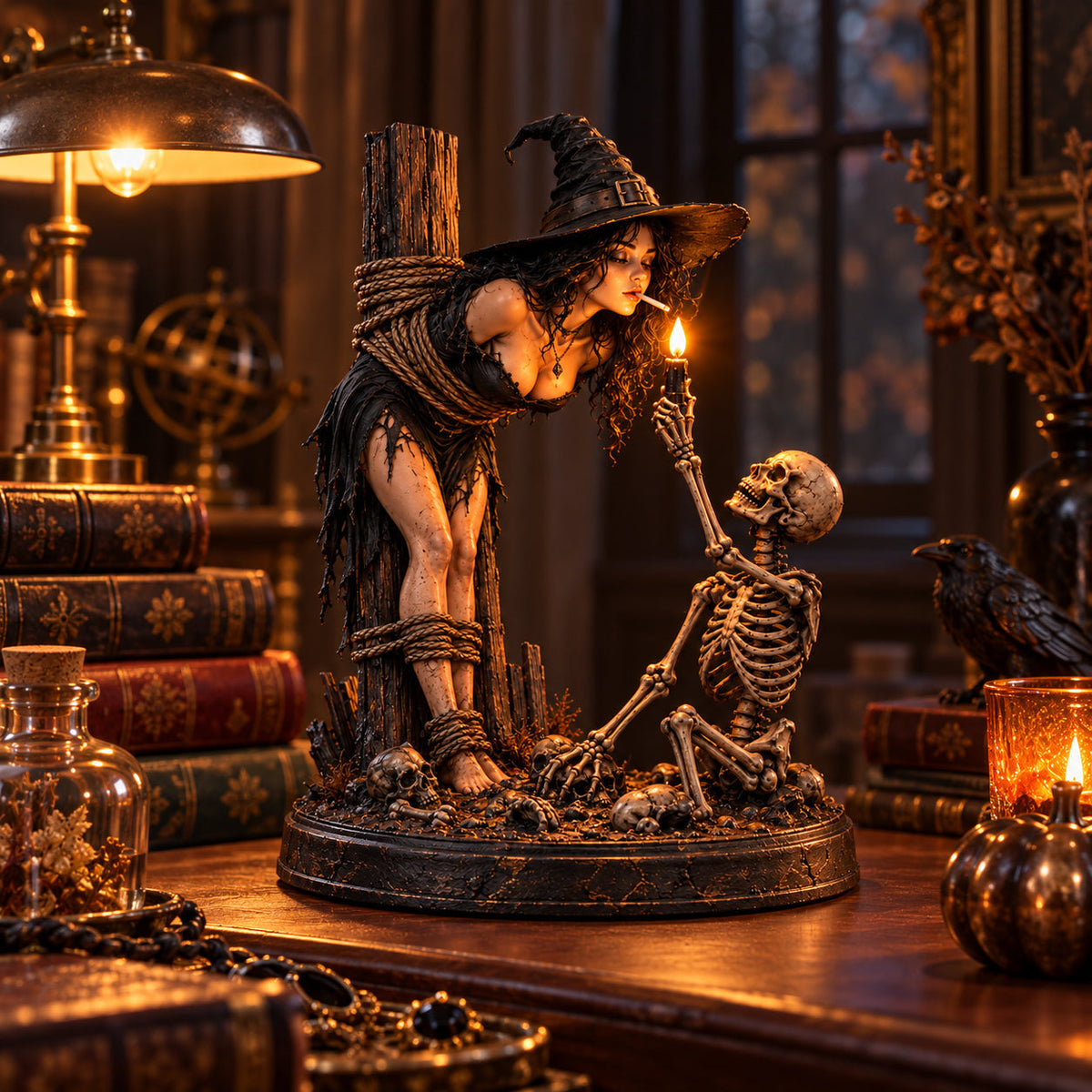 Witch & Skeleton Candle Scene Figurine – Dark Gothic Halloween Tabletop Decor⏳