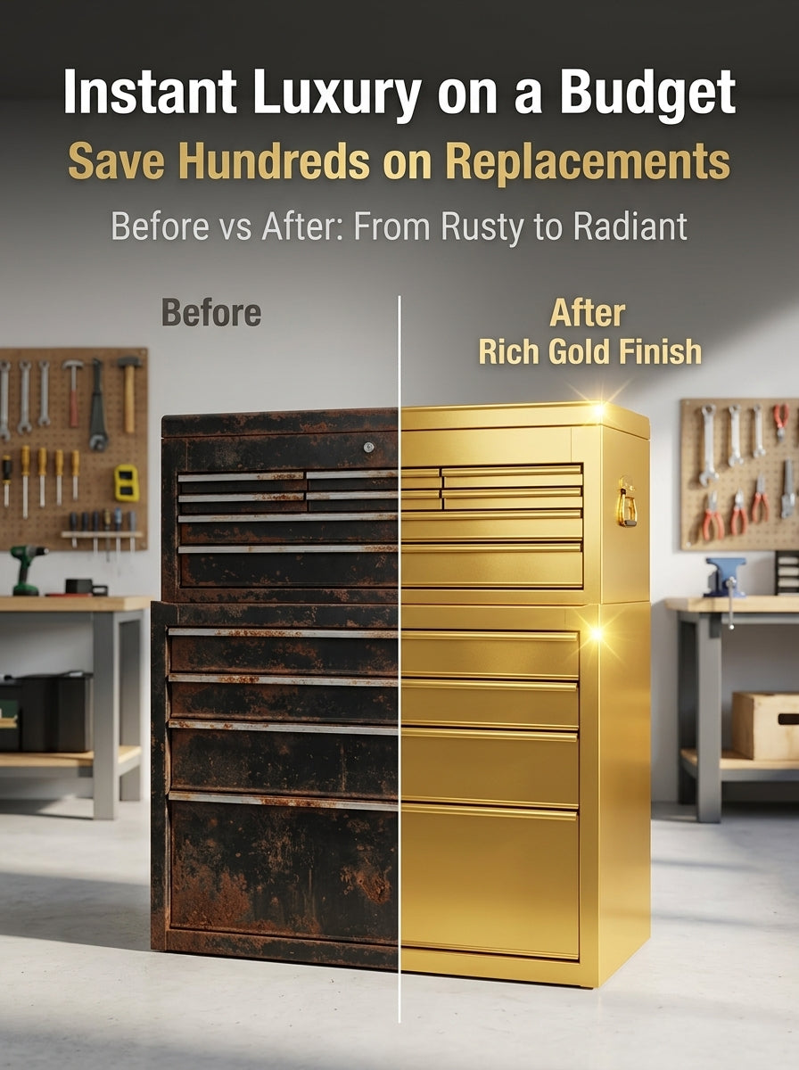 Illustrative furniture refresh with metallic gold colored paint
