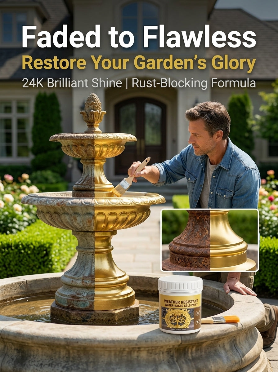 Garden fountain makeover before and after gold painting