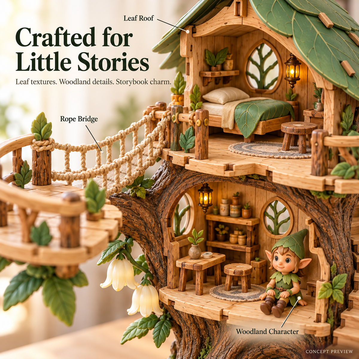 Close-up of leaf roof rope bridge textured trunk and miniature elf character