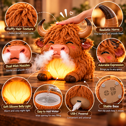 🌈 Highland Cow Huff™🐮 – Tap-to-Puff Humidifier & Colorful Night Light 💡💨
