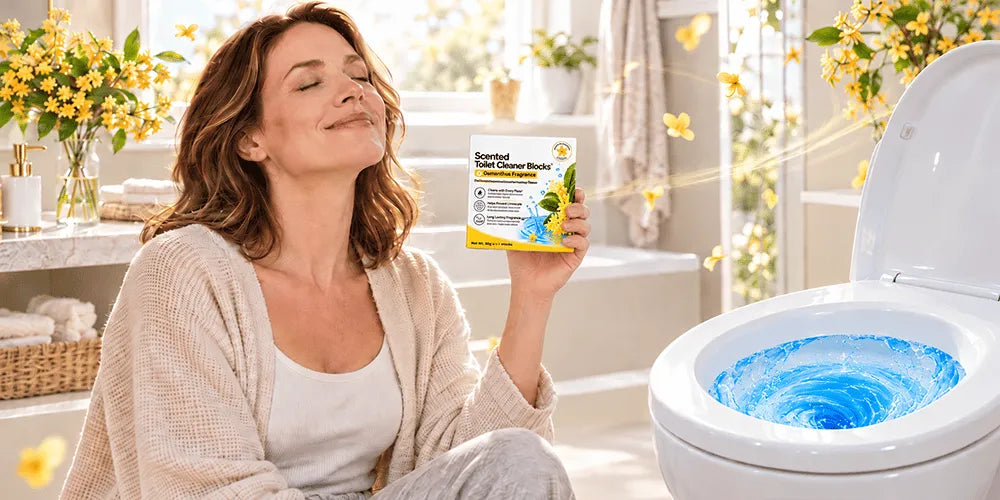 Golden osmanthus toilet cleaner blocks in a bright bathroom