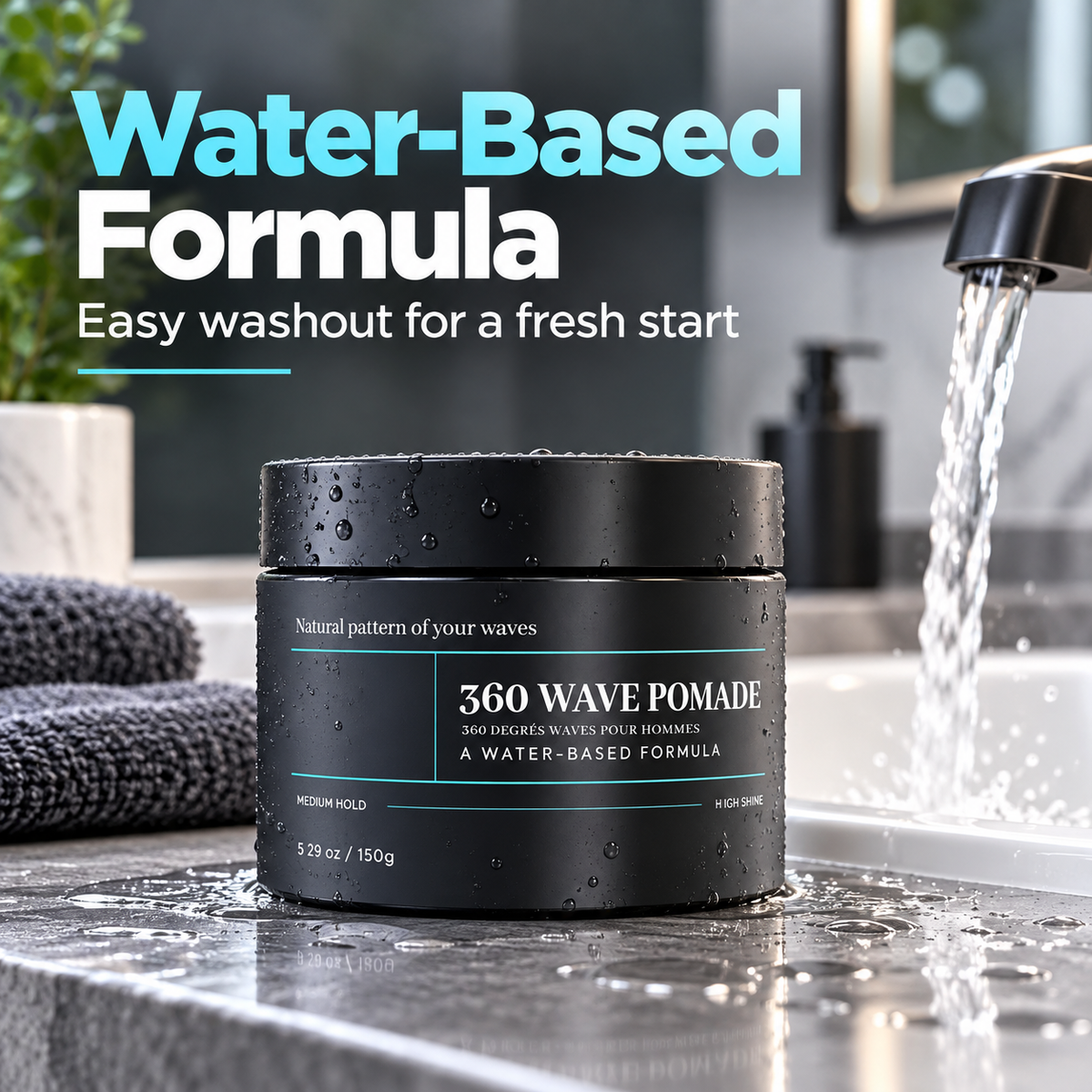 Water-based 360 Wave Pomade with easy washout benefit