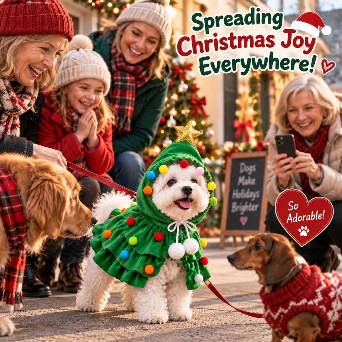 Dog wearing Christmas Tree Pet Costume outside