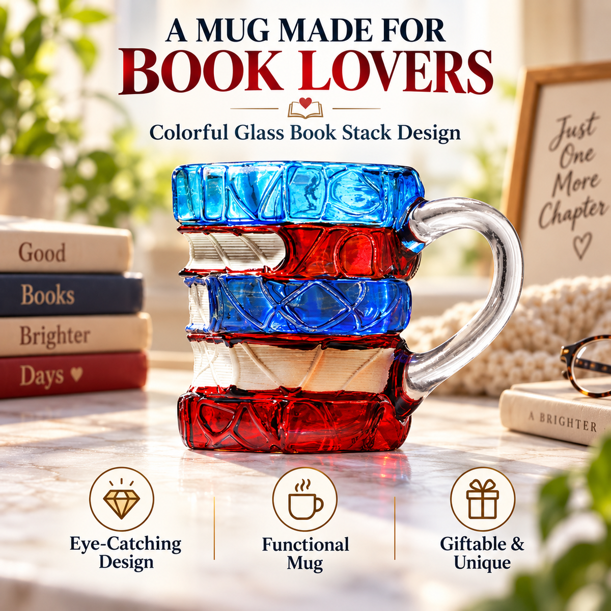 📚 Hand-Painted 3D Book Stack Glass Mug – Cozy Reader Gift, Only 7 Left ☕🍀