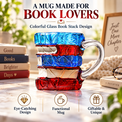 📚 Hand-Painted 3D Book Stack Glass Mug – Cozy Reader Gift, Only 7 Left ☕🍀