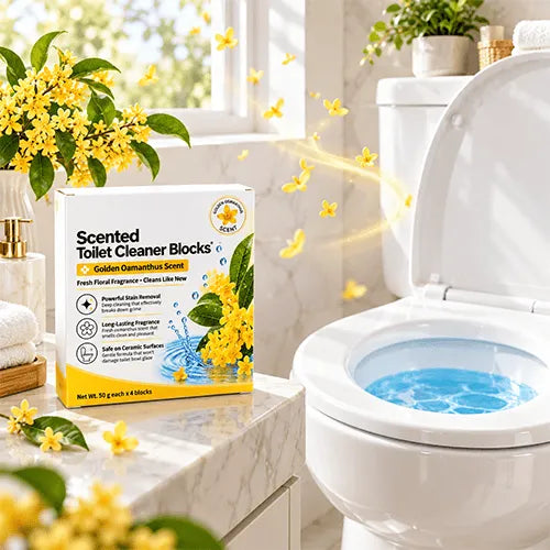 Scented toilet cleaner packaging with golden flowers and a clean toilet