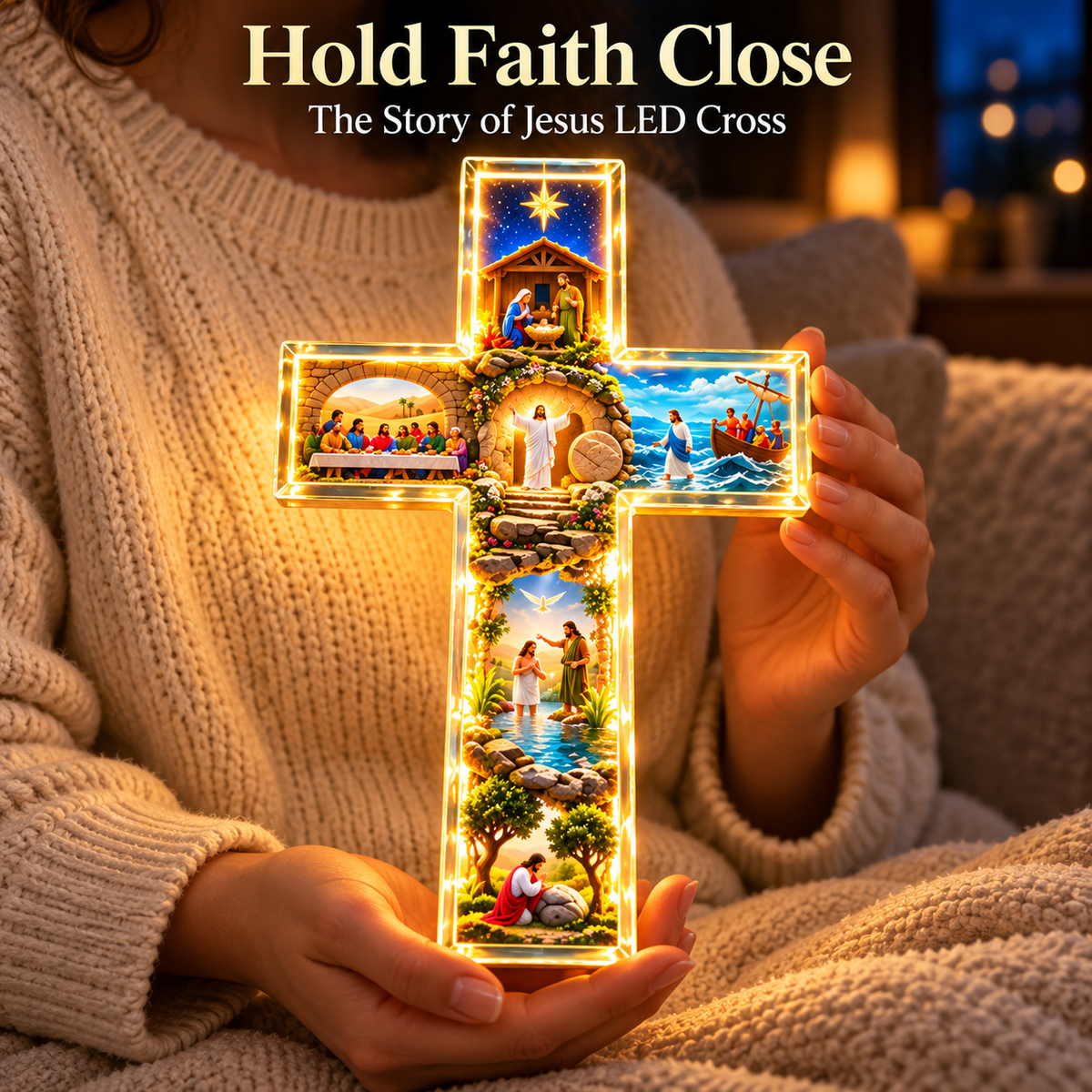 🙏✝️ The Story of Jesus LED Cross Lamp ✨ 6 Biblical Scenes & Meaningful Christian Gift❄️