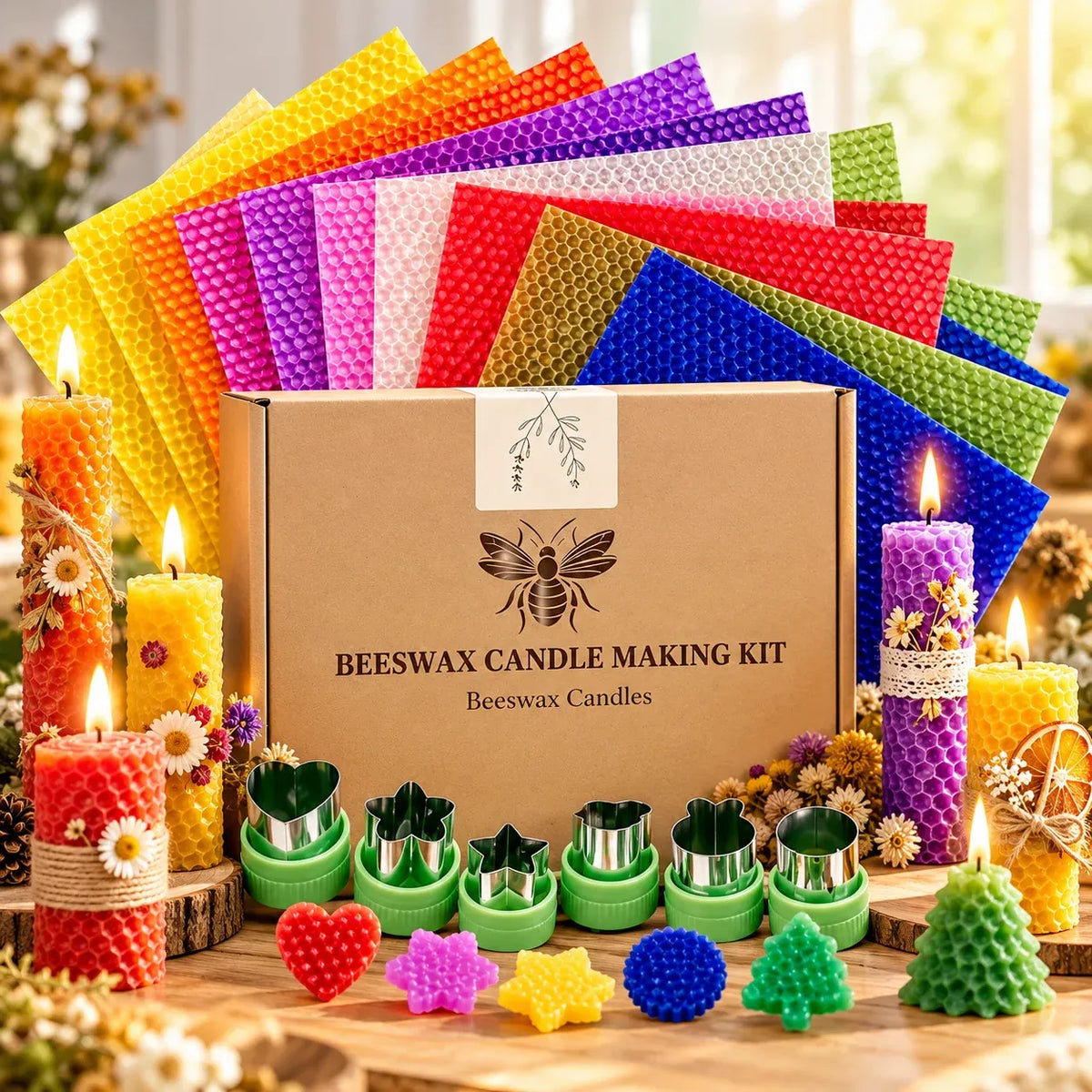 🌈DIY Beeswax Candle Making Kit (12-Piece Set) – Create Your Own Cozy Glow!✂️