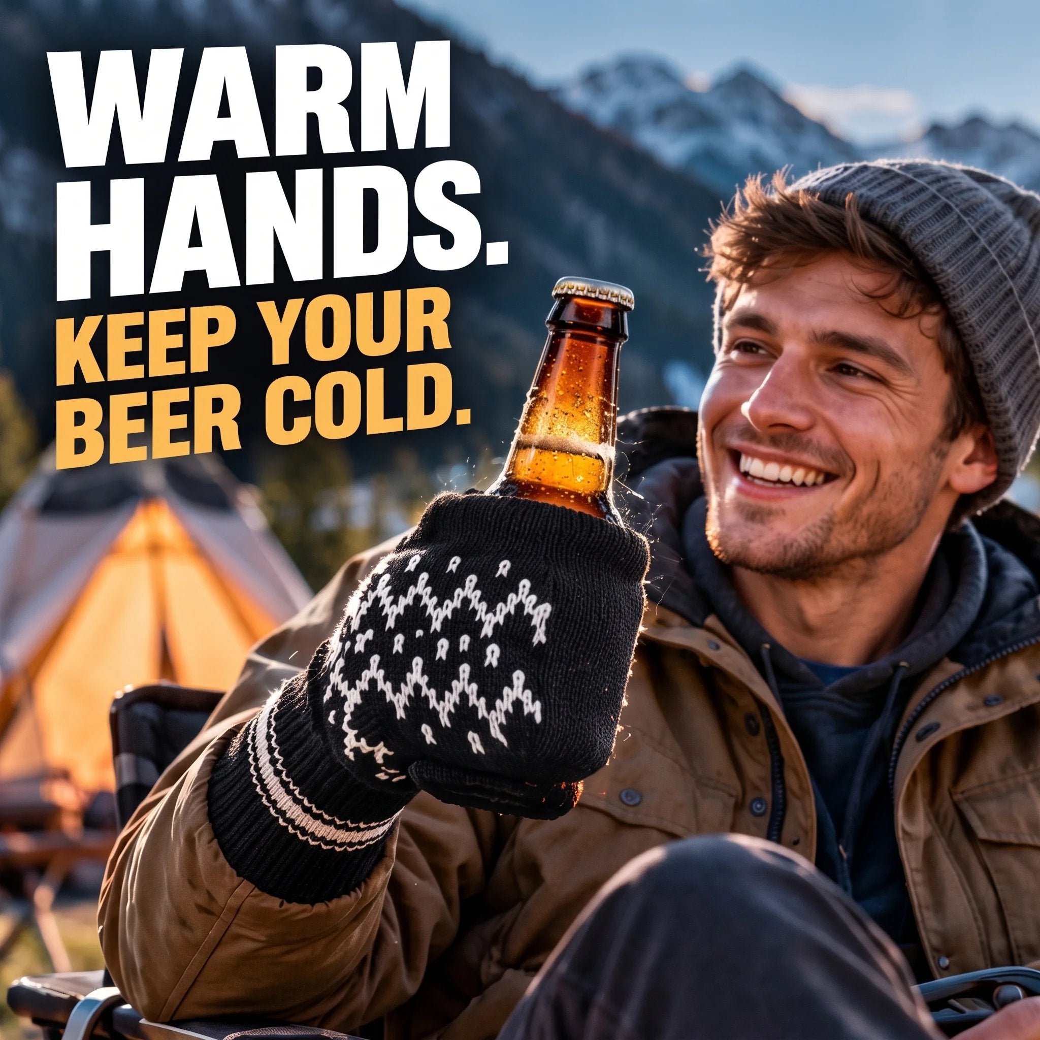 Winter beer mitten drink holder at an outdoor campsite