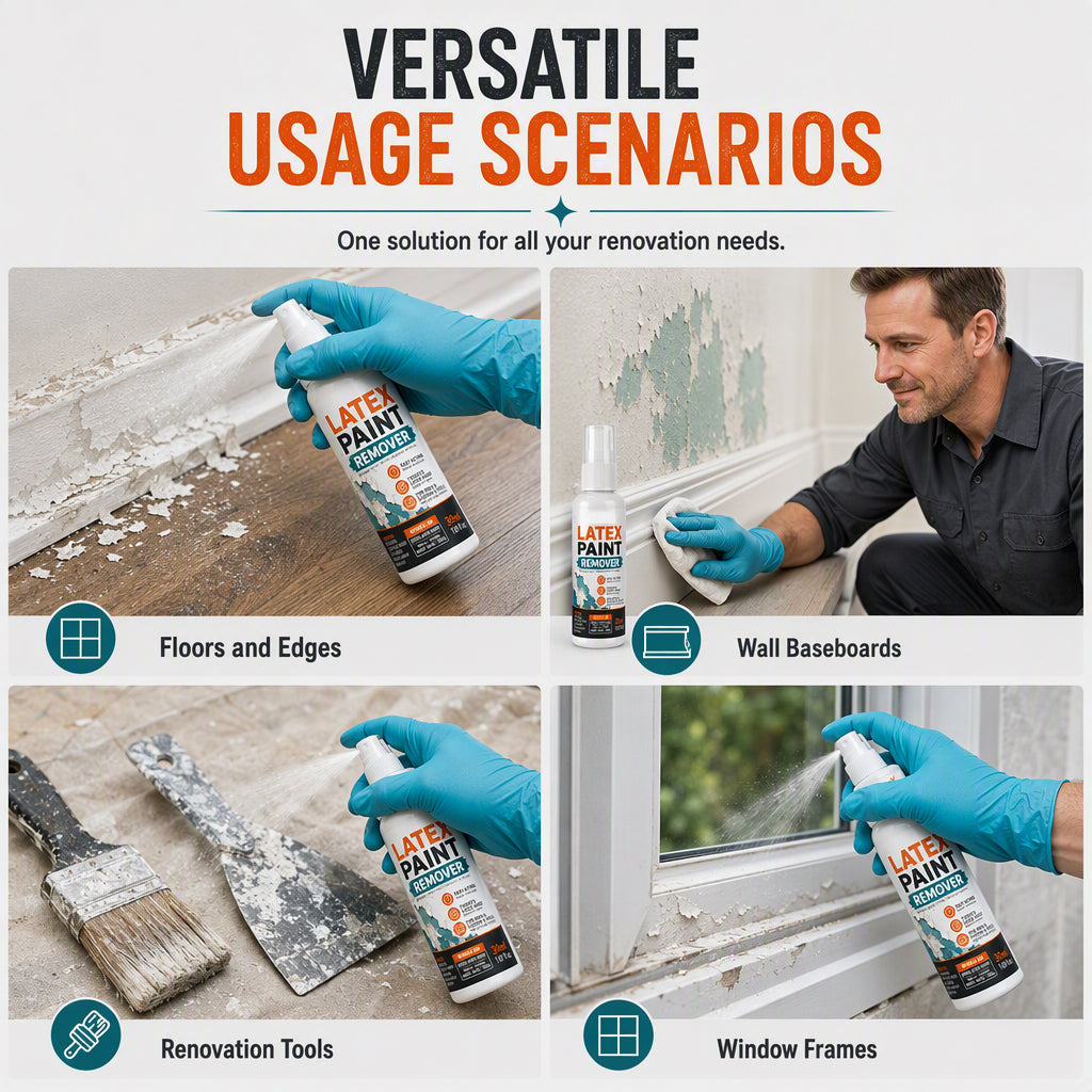 🏠 NU 50% KORTING! Multi-Oppervlak Latex Verfverwijderaar Spray – Snelwerkende Verfstripper, Lost Gedroogde Latexvlekken Op In Minuten, Verfverwijderaar met Schraper voor Renovatie & Reparatie