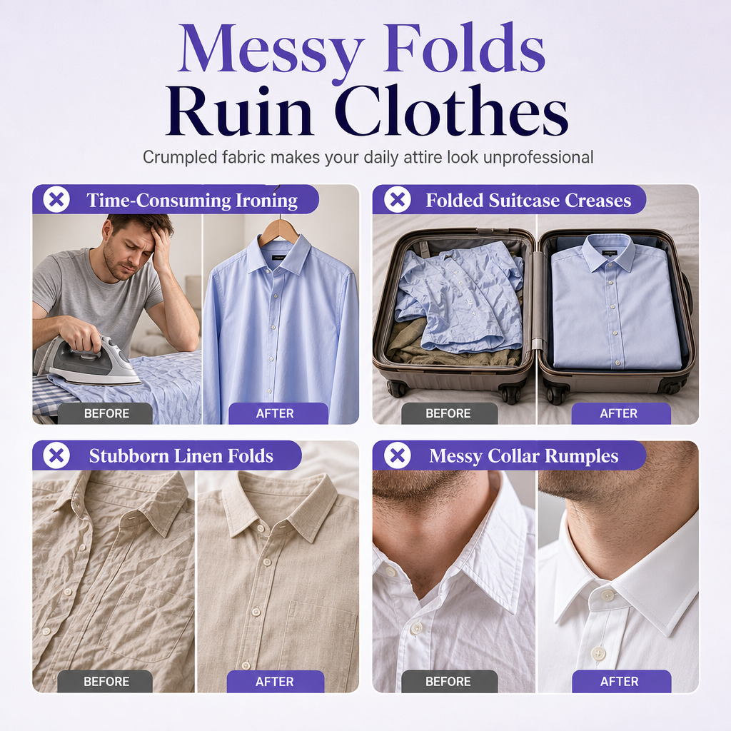 Examples of wrinkled shirts, packed clothing and collar creases